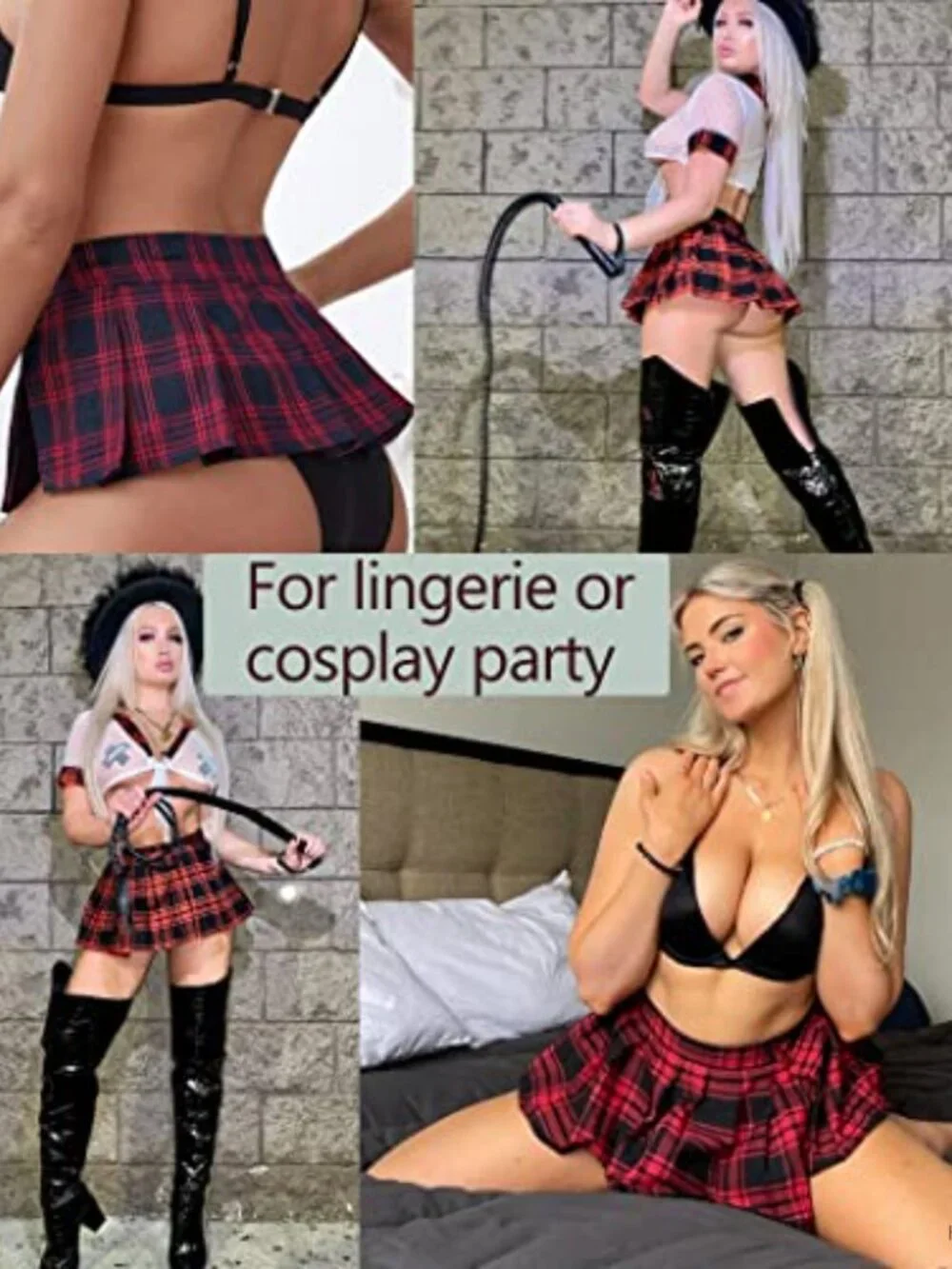 Women's Pleated Plaid Mini Skirt Elastic Waist, Sexy Schoolgirl Costume with